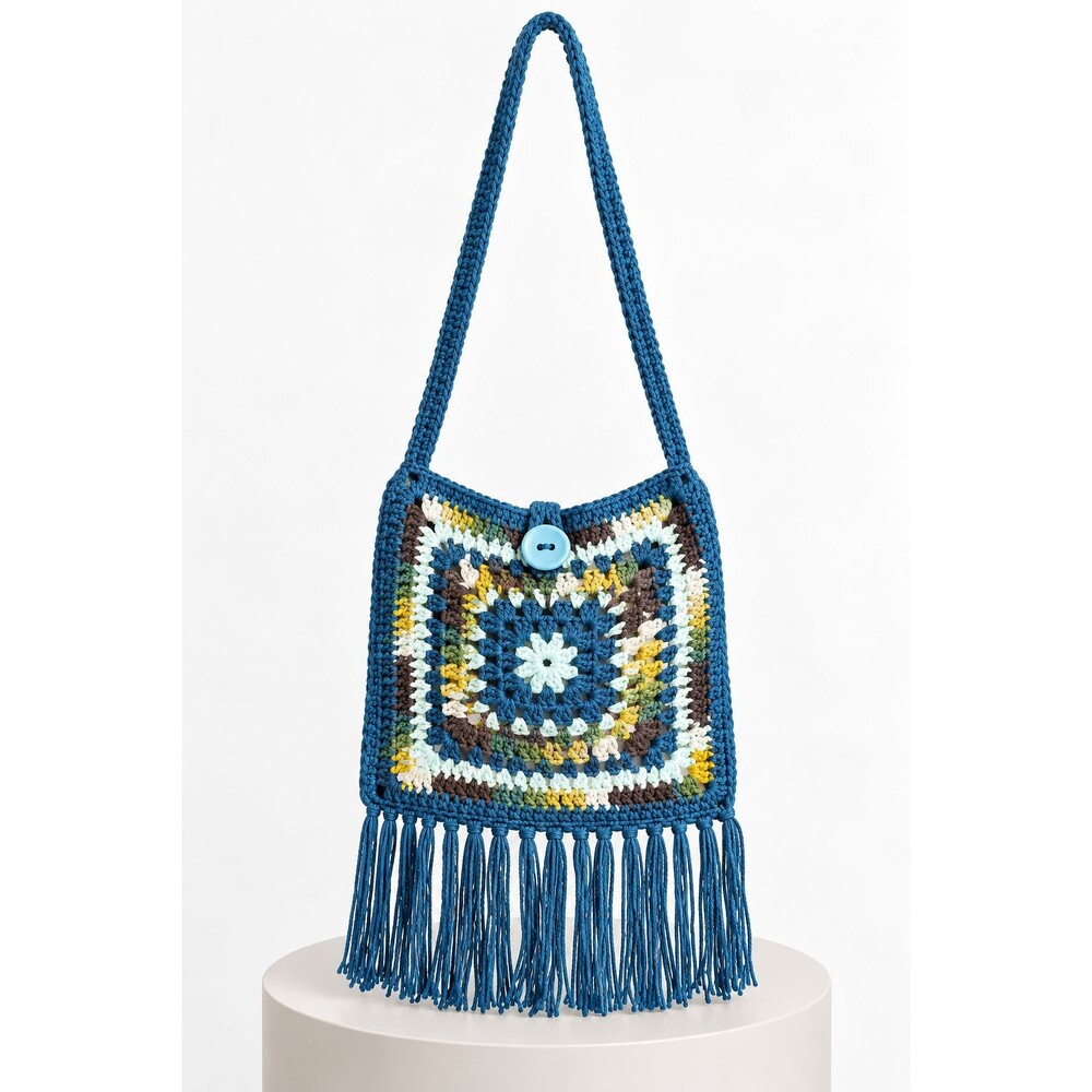 Boho Crochet Crossbody Bag Granny Square Fringe Blue Multicolor Festival Purse